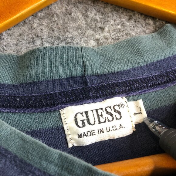 Vintage GUESS Shirt Mens Large Green Blue Striped 90s Made In USA Short Sleeve - Picture 2 of 6